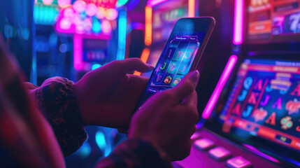 Person using smartphone to play online casino games with colorful slot machine background