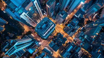 City Pulse: Aerial Night View. An aerial view of a city at night, showcasing the vibrant pulse of urban life with streets lit by the glow of traffic and building lights. - obrazy, fototapety, plakaty