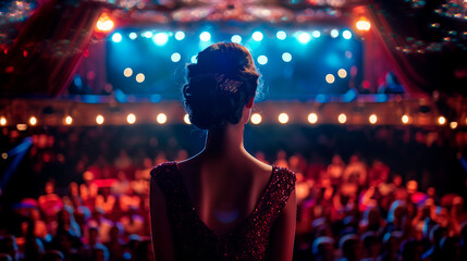 Star of the Stage: A Performer's Moment. Back view of a woman in a sparkling evening dress, ready to captivate the audience on stage. - obrazy, fototapety, plakaty