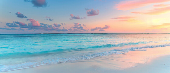 A tropical beach at sunrise, with the colors of the sky forming a splendid gradient of pinks and blues over the horizon, captured in high-definition to highlight its mesmerizing vibrancy. - obrazy, fototapety, plakaty