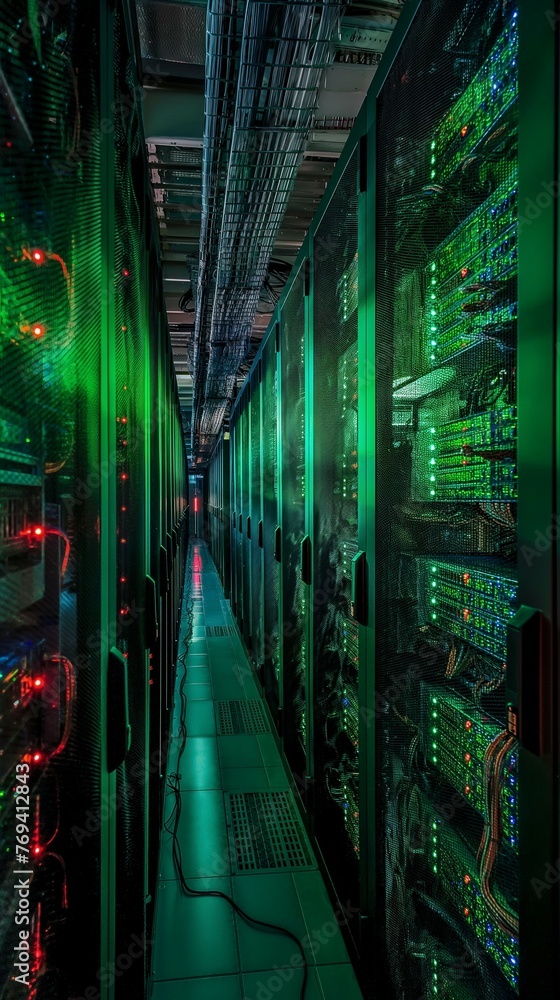 Poster a close-up of a row of servers in a data center.