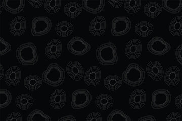 Seamless pattern. Gray concentric circles of irregular shape on a black background. Flyer background design, advertising background, fabric, clothing, texture, textile pattern.