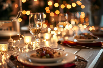 Festive Holiday Dinner Table with Sparkling Lights. A cozy holiday dinner setting featuring a glass of white wine, glowing fairy lights, and elegant dishes, creating a warm, festive atmosphere.