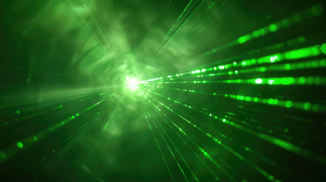Green laser lights in dark tunnel with digital data walls.