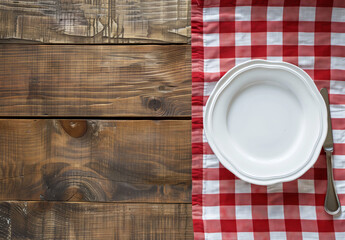 table setting, red checkered, tablecloth, white plate, wooden background, knife, rustic, country style, picnic, dining, mealtime, flatware, simplicity, overhead view, space for text, kitchen, wood tex