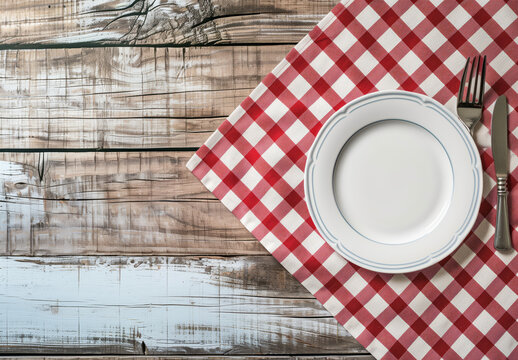 Ready for Dining on Rustic Charm. A welcoming dining setup with an empty white plate and silverware on a red and white checkered tablecloth against a wooden backdrop, inviting a homestyle meal.