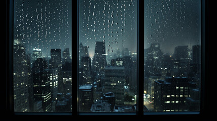 Window with drops of night rain in a city night