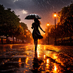 A girl in the rain walking with an umbrella