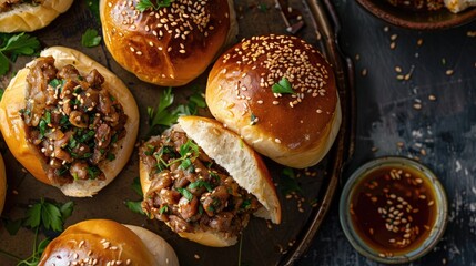 Close-up of homemade burgers with sesame buns and fresh vegetables