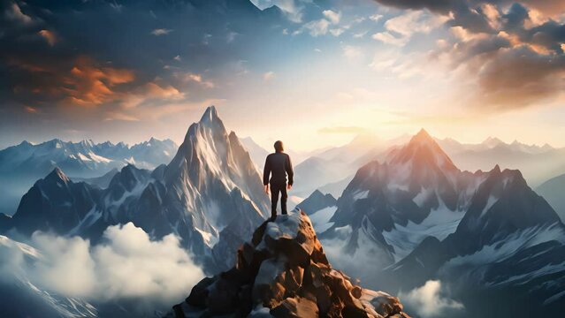 A man stands on top of a mountain