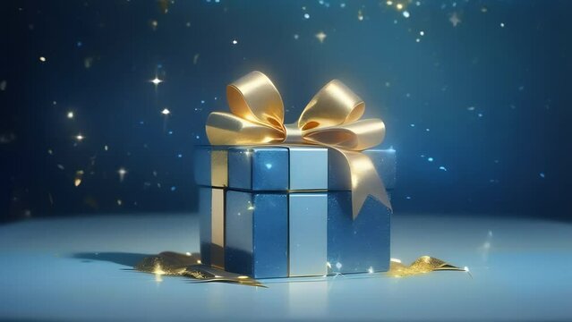 A blue gift box with a gold bow and shiny gold sparks	
