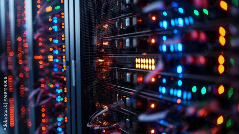 Poster a close-up of a row of servers in a data center.