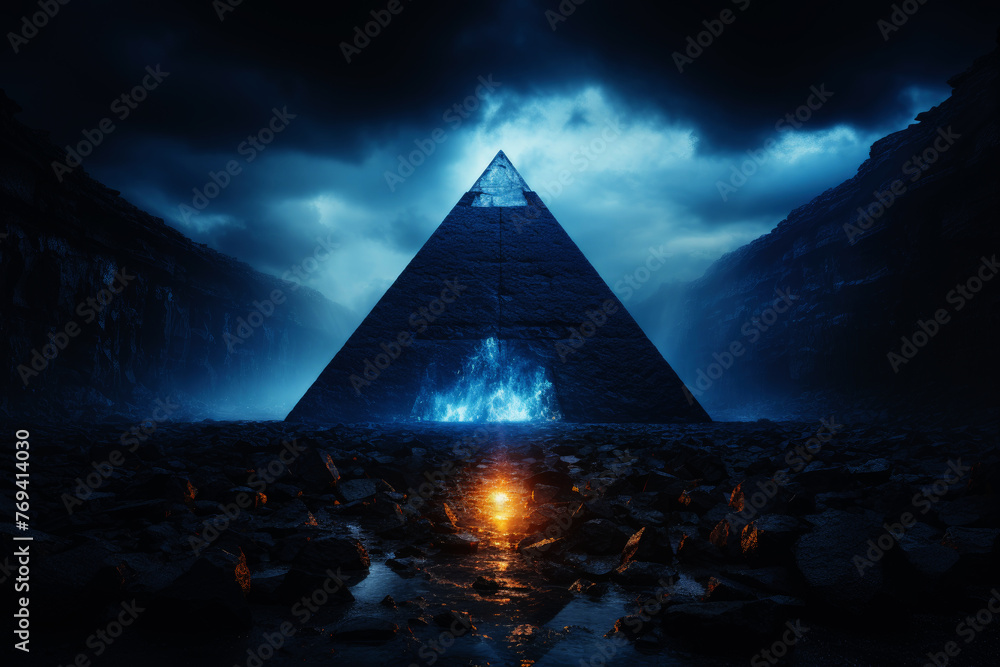 Poster futuristic cyber pyramid neon. mesh element. generate ai
