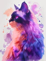 A cat with purple and pink fur is staring at the camera