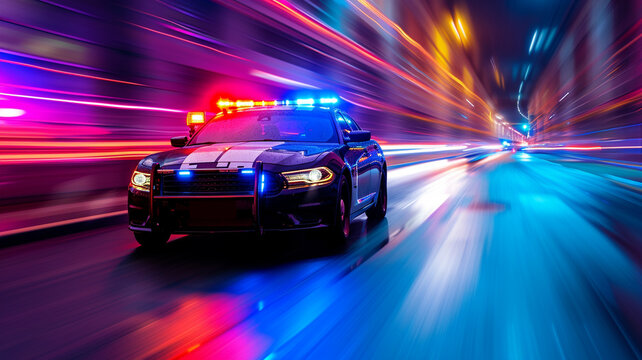 .A dynamic shot of a police car in action the whole picture in focus