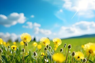 Obraz premium Vibrant Grass and Dandelion Field Against Summer Sky - Nature's Perfect Landscape, Fresh Meadow with Dandelion Flowers under Blue Sky - Captivating Spring Scene, background blur