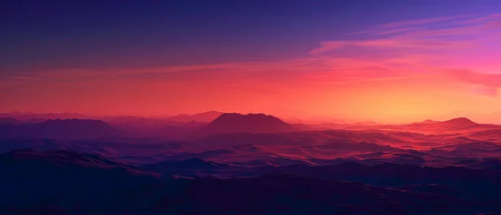 Fotobehang A desert landscape at dusk, with the sky ablaze in a splendid gradient of oranges and purples, captured in high-definition to showcase its mesmerizing vibrancy. © M-T