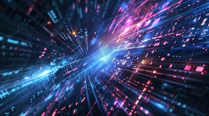 Obraz premium Futuristic tech abstract: vibrant digital world in motion, dynamic colors, cutting-edge design - ideal for tech industry, websites, and presentations