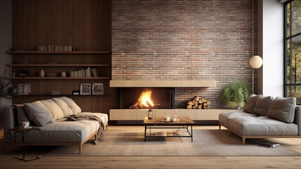 Stylish living room interior with wooden floor brick decor