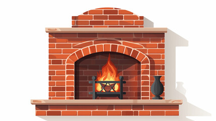 Vector image of brick fireplace with fire on white isolated