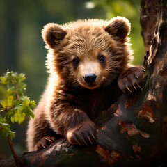 A cute baby bear playing on a tree. Generative AI