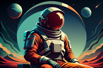 Vector de un hombre con traje espacial sentado y un planeta al fondo
