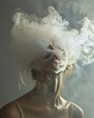 Fashion portrait of young woman with smoke covering face. Smoking concept.