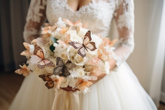 The bride in a lace dress holds in her hands a delicate bouquet of roses with butterflies