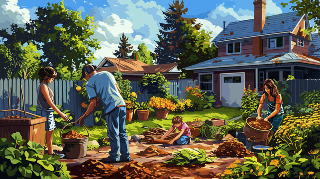 Family Engaged in Home Composting for Earth Day: An Eco-Friendly Lifestyle Vector Illustration