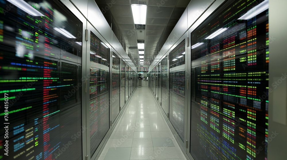 Poster a close-up of a row of servers in a data center.