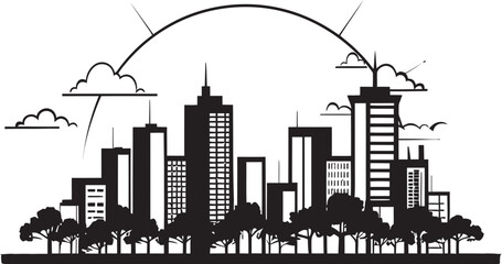 Obraz premium Cityscape Silhouette Outline Style with Black Vector Metropolitan Landscape View Black Vector Logo Design Icon