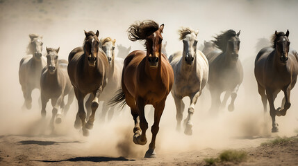 Herd of Majestic Horses Galloping Fiercely in the Dust, Power and Freedom in Wild Equine Movement, Untamed Nature in Motion - obrazy, fototapety, plakaty