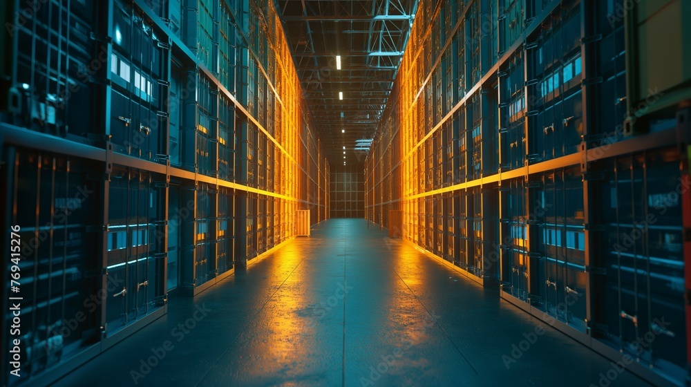 Poster a close-up of a row of servers in a data center.