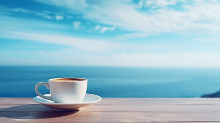 Cup of coffee on a table over blue sky and sea. summer - Powered by Adobe