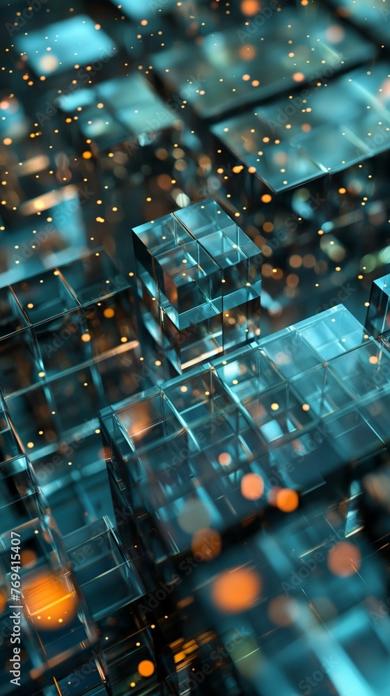Poster quantum computing network in a cyber city an abstract 3d digital vertical mobile wallpaper backgroun