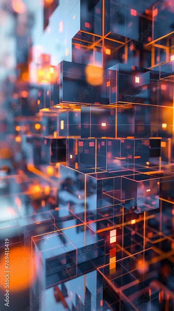 Poster quantum computing network in a cyber city an abstract 3d digital vertical mobile wallpaper backgroun