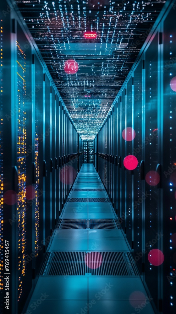 Poster a close-up of a row of servers in a data center.