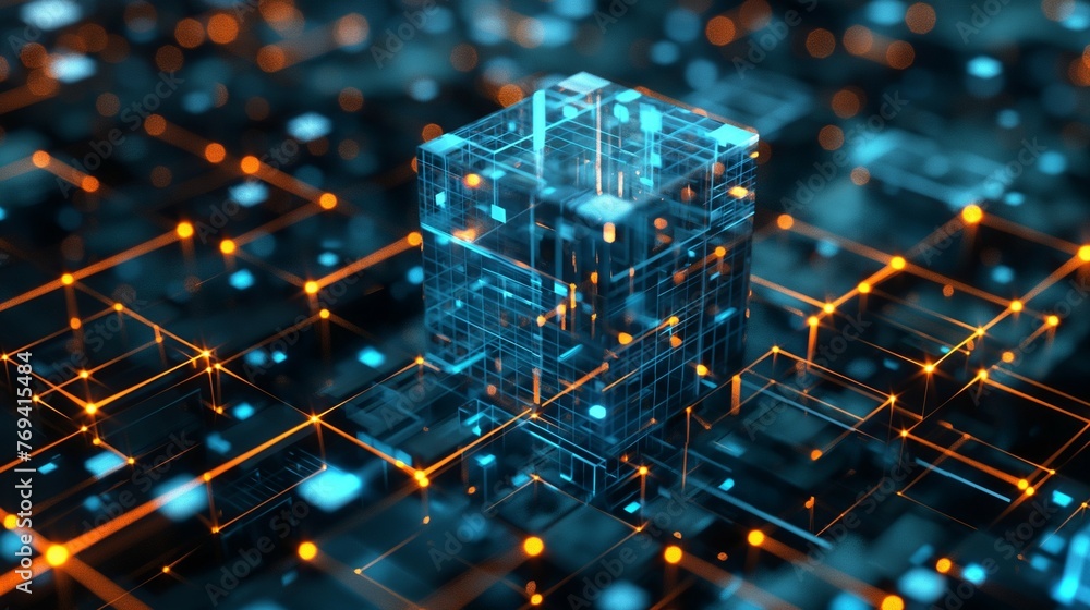Poster quantum computing network in a cyber city an abstract 3d digital wallpaper background.