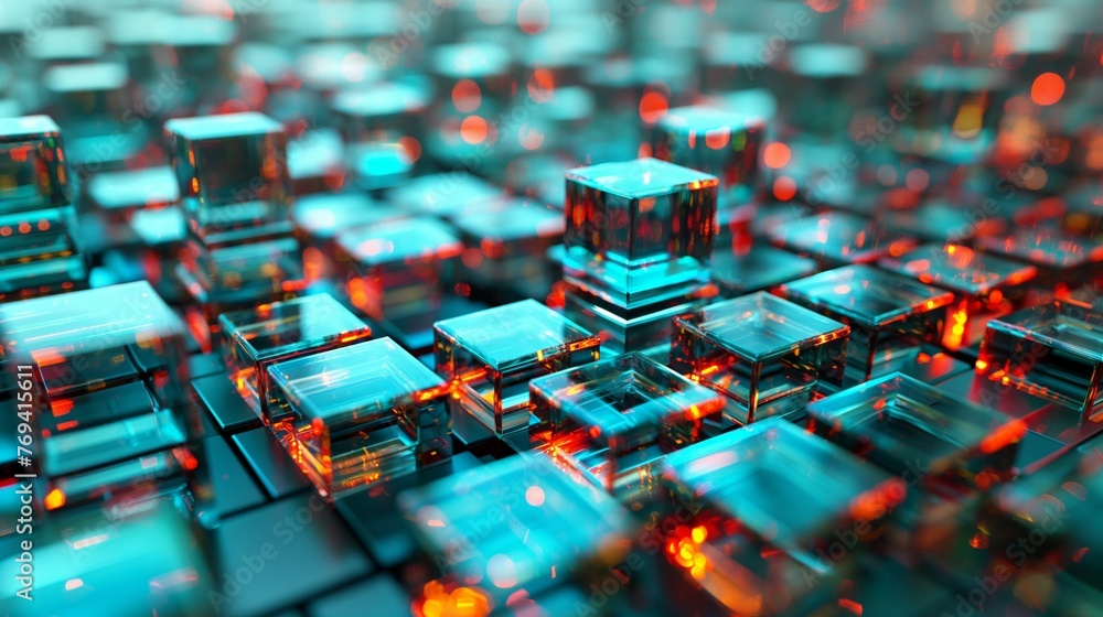 Poster quantum computing network in a cyber city an abstract 3d digital wallpaper background.