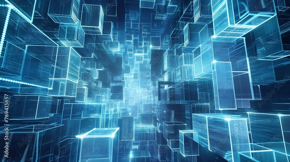 Poster quantum computing network in a cyber city an abstract 3d digital wallpaper background.