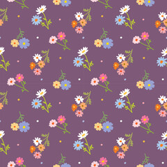 Seamless Pattern of Flower Design on Deep Purple Background - obrazy, fototapety, plakaty