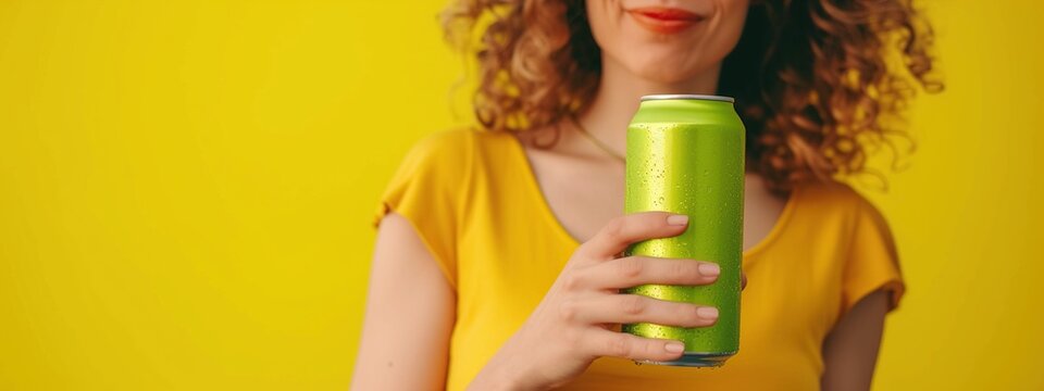 Young woman holding a green soda can on a yellow background. Close up.