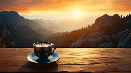 Morning cup of coffee with mountain background coffee hot