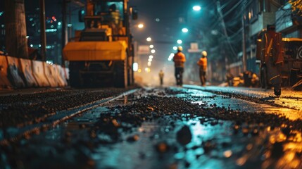 Construction repair road rollers that roll new asphalt in the roadway at night - obrazy, fototapety, plakaty