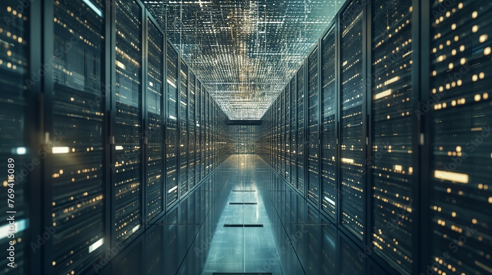 Poster a close-up of a row of servers in a data center.