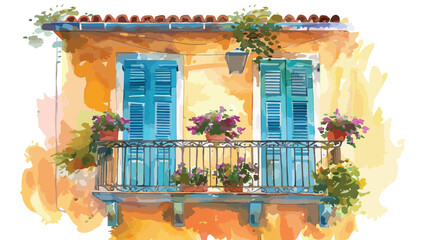 Fototapeta na wymiar Mediterranean balcony watercolor Flat vector isolated