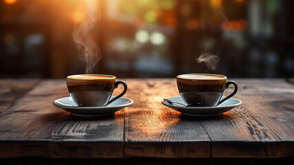 coffee in the morning two cup of espresso on wood caffeine - obrazy, fototapety, plakaty