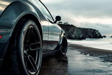 close up tire sport car on the summer beach. Generative Ai