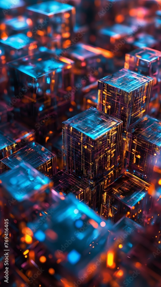 Poster quantum computing network in a cyber city an abstract 3d digital vertical mobile wallpaper backgroun