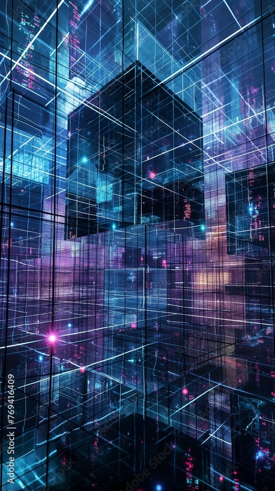 Poster quantum computing network in a cyber city an abstract 3d digital vertical mobile wallpaper backgroun